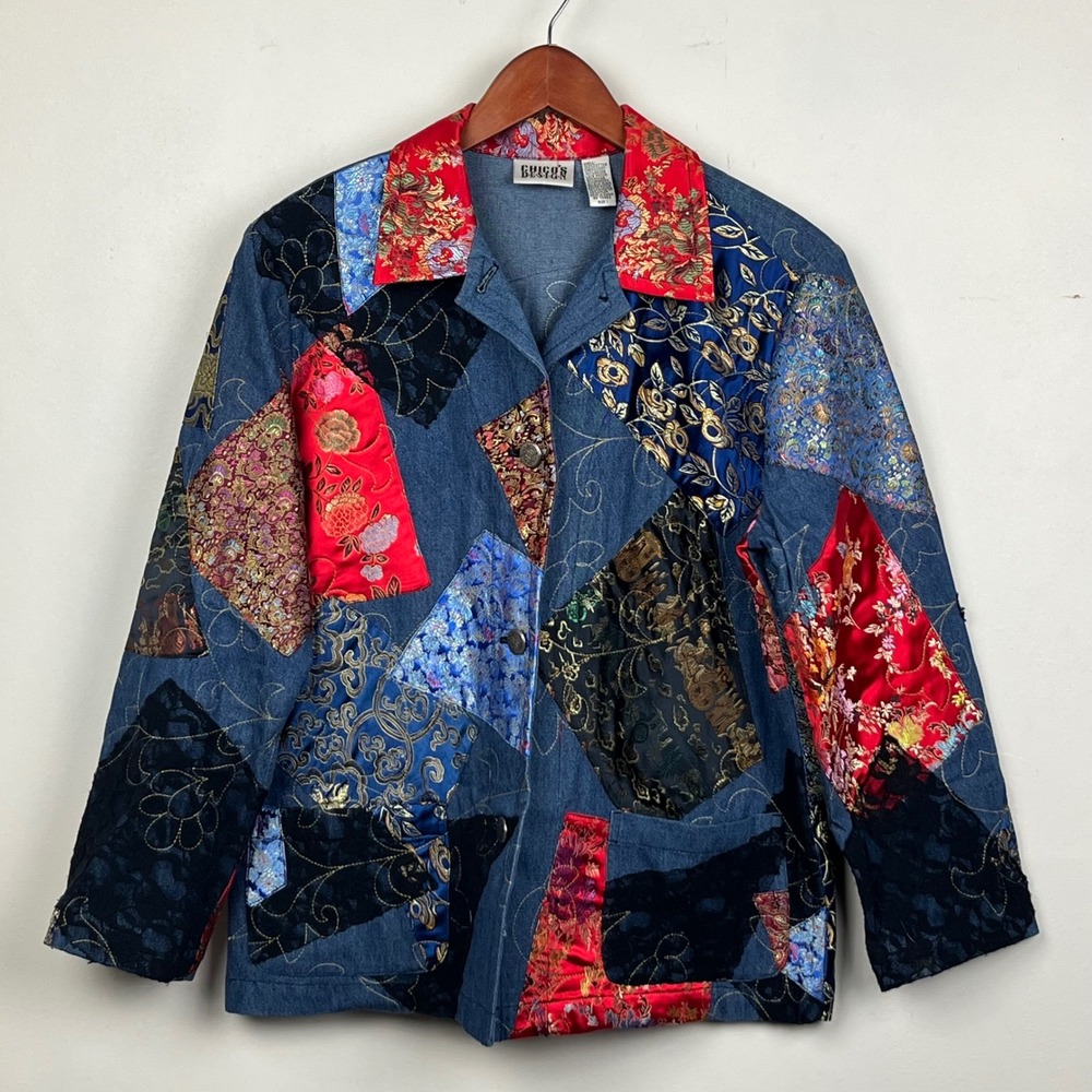 Chico's Design Patchwork Denim Jacket Size 1 M Blue Brocade Maximalist Boho